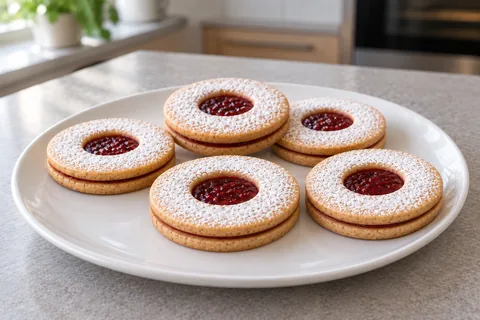Thin Linzer cookie sandwiches show raspberry jam through sugar-dusted circular tops.
