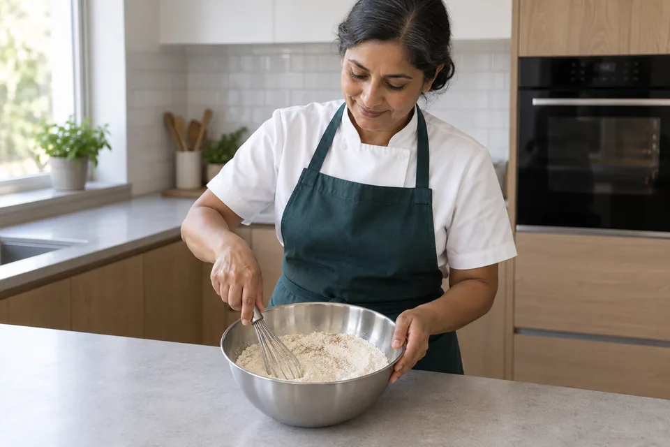 Cook whisks a pale flour and almond mixture in a steel bowl.