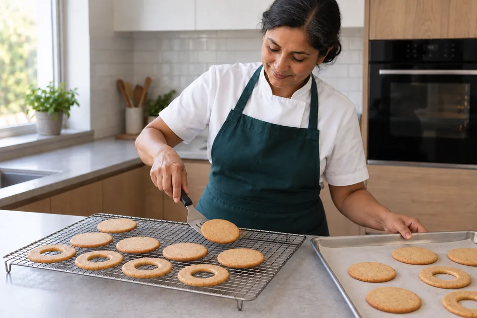 Cook transfers plain solid and windowed cookies to a cooling rack.