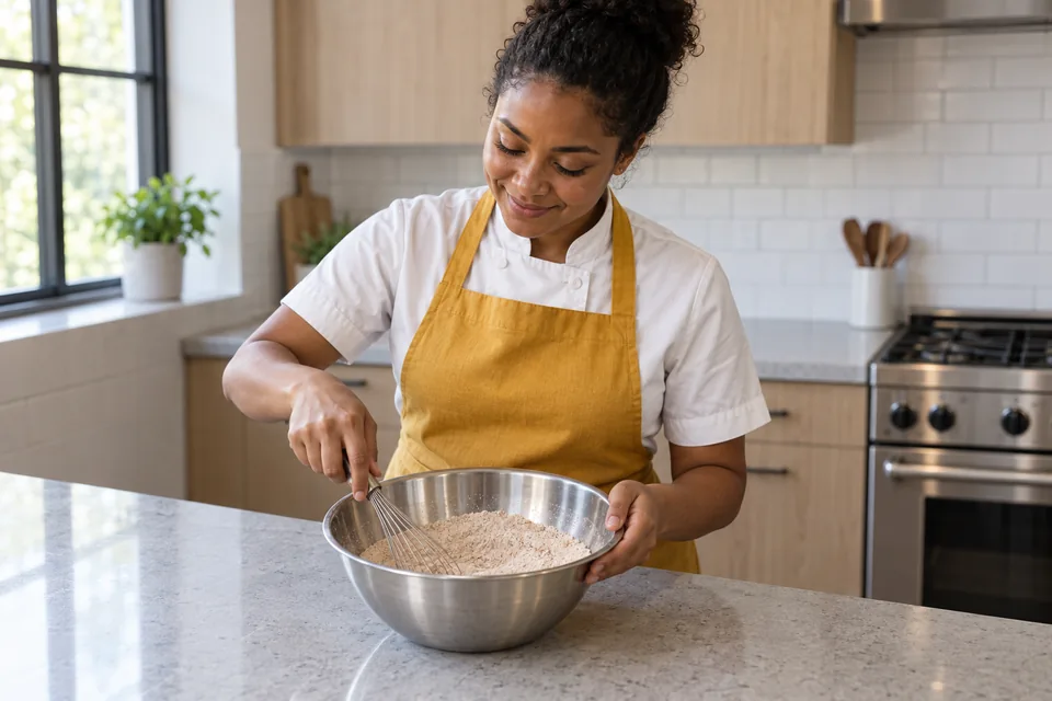 Cook whisks an evenly coloured spiced flour mixture.