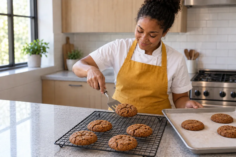 Cook transfers cracked molasses cookies from parchment to a cooling rack.