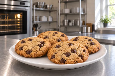 Four thick peanut butter oat cookies with chocolate chips on a plain plate.
