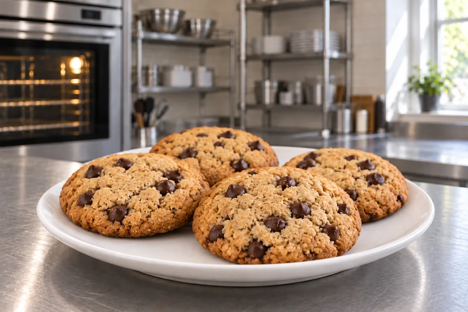Four thick peanut butter oat cookies with chocolate chips on a plain plate.