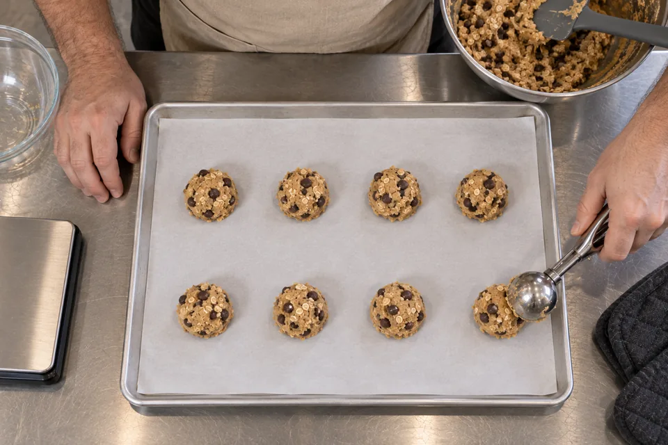 Eight scooped cookie dough portions are spaced on a lined tray.