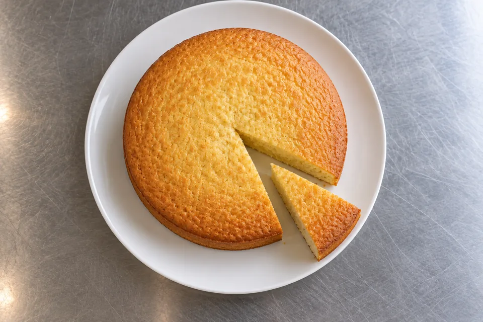 A slice of golden olive-oil cake sits beside its matching gap on a white plate.