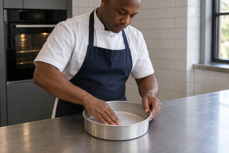 Cook presses a parchment circle into an empty greased round cake tin.