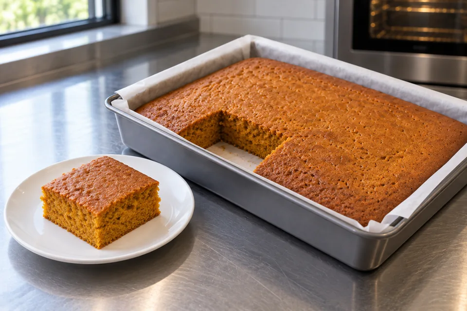 One orange-crumb pumpkin cake portion sits beside its matching rectangular gap in the sheet cake.