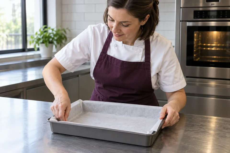 Cook creases parchment into an empty rectangular baking tin.
