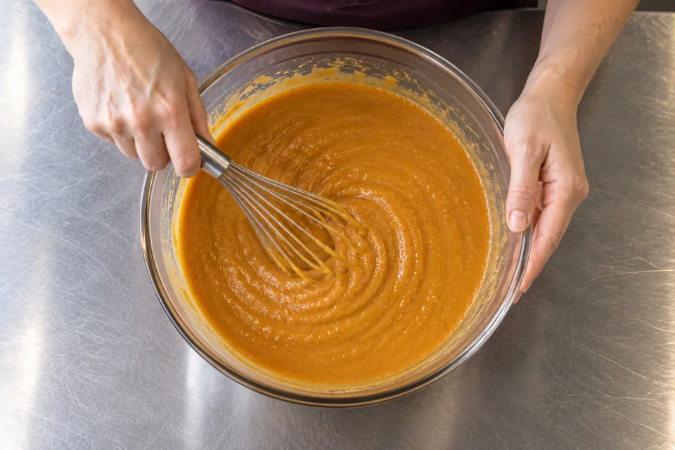 Hands whisk a smooth deep-orange pumpkin mixture in a glass bowl.