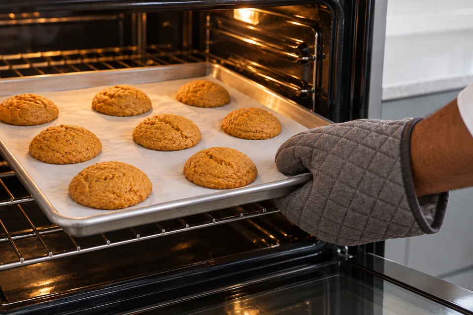 Oven-mitted hand draws out a tray of softly domed golden-orange pumpkin cookies.