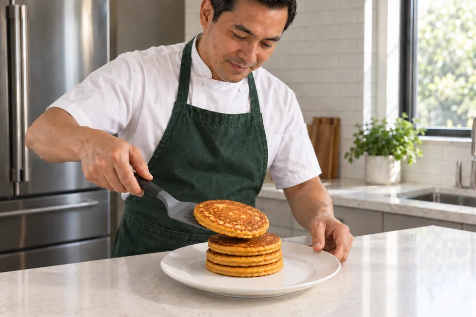 Cook places a golden pumpkin pancake onto a short plain stack on a white plate.