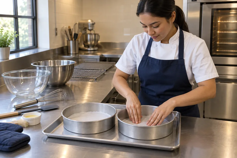 A cook lines one of two matching round cake tins.