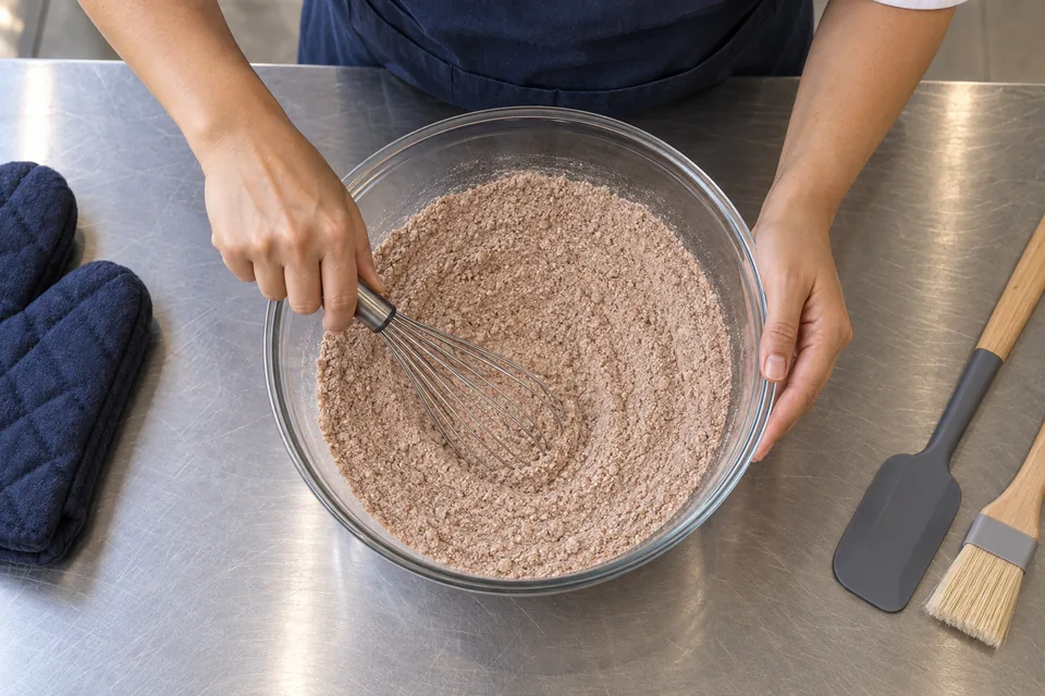 Hands whisk the cocoa, flour and sugars in a glass bowl.