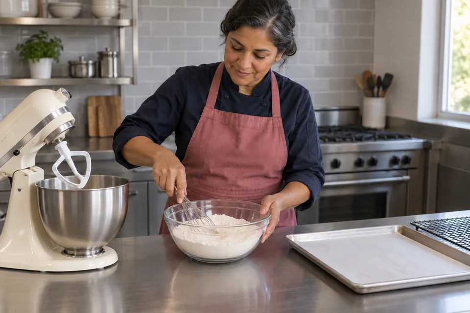 The cook whisks the dry ingredients in a clear glass bowl.