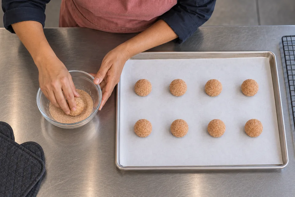 Eight cinnamon-coated dough balls rest on the tray while another ball is coated.