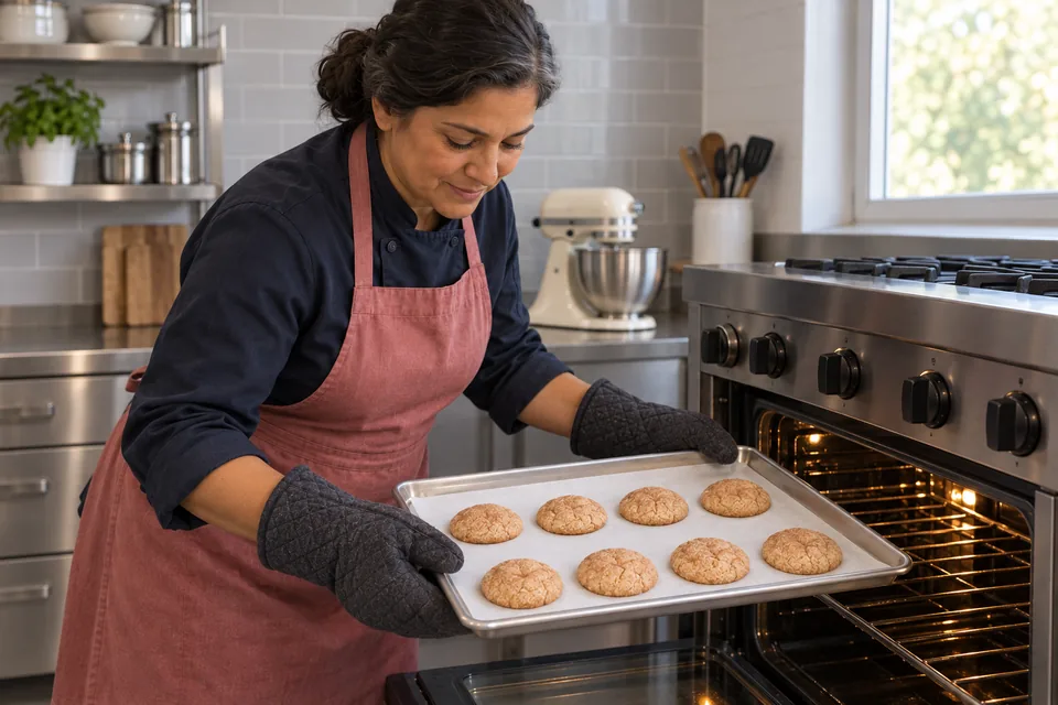 The cook lifts a tray of eight lightly cracked snickerdoodles from the oven.
