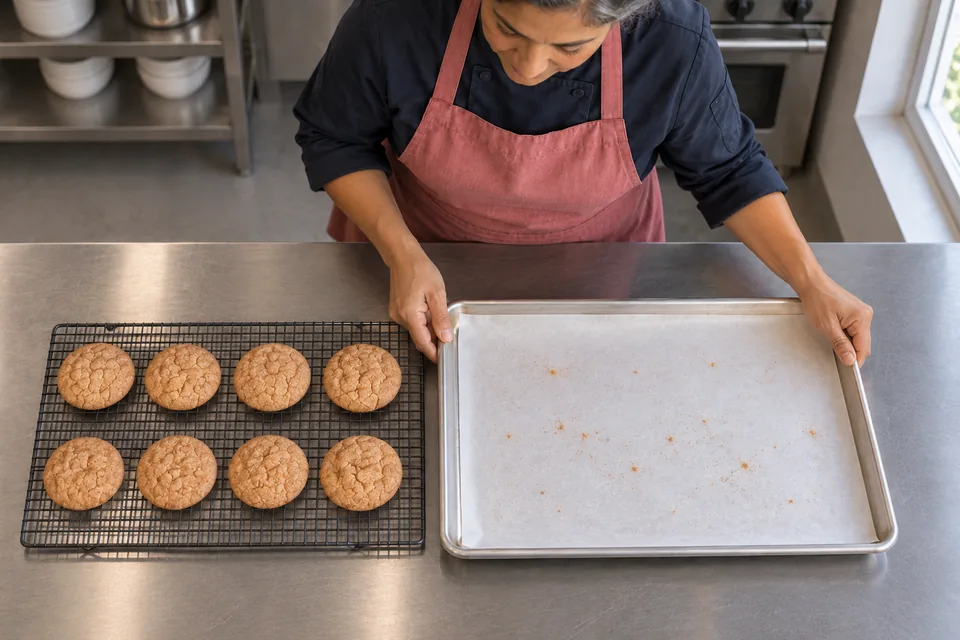 Eight baked snickerdoodles cool on the wire rack beside the emptied tray.