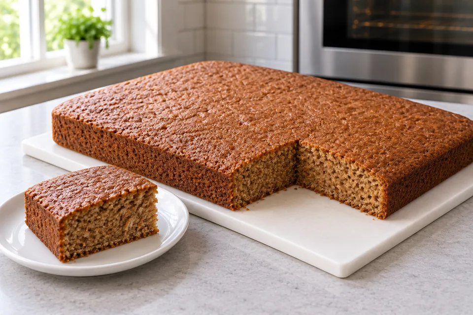 Plain brown spice cake with one rectangular portion and its matching gap.