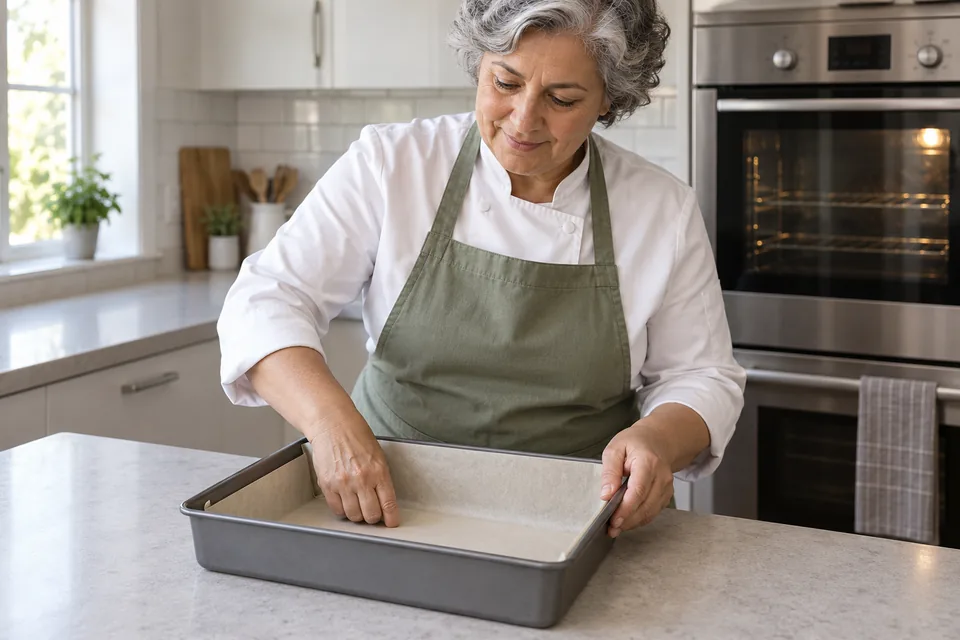 Cook smoothing parchment into an empty rectangular baking tin.