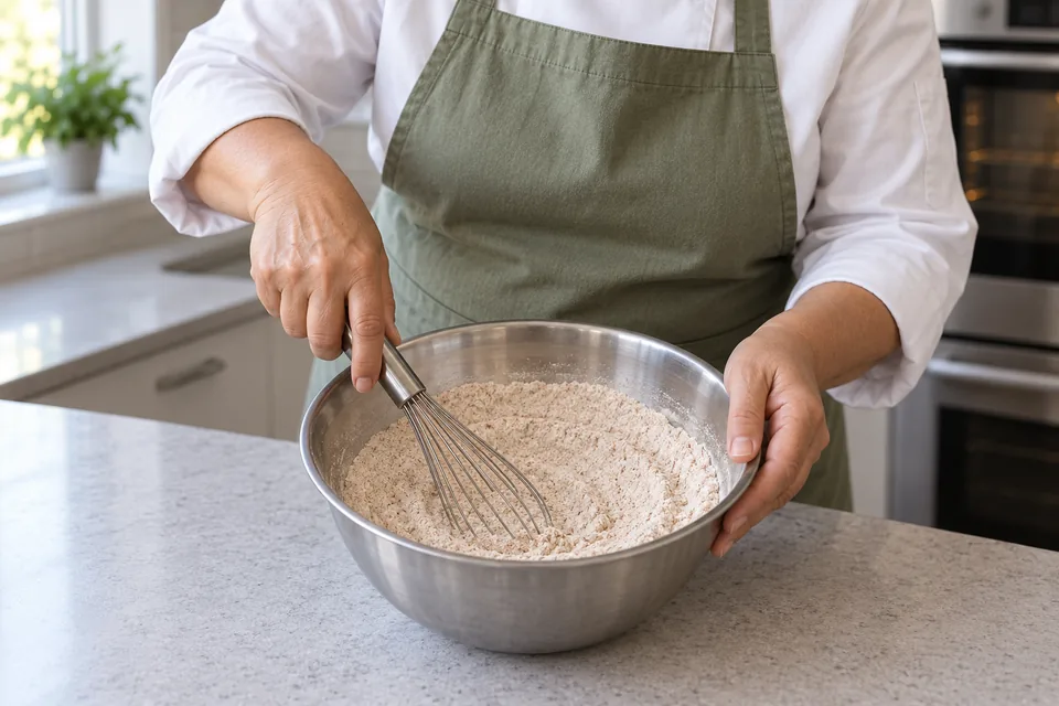 Balloon whisk mixing evenly beige flour and spices in a steel bowl.