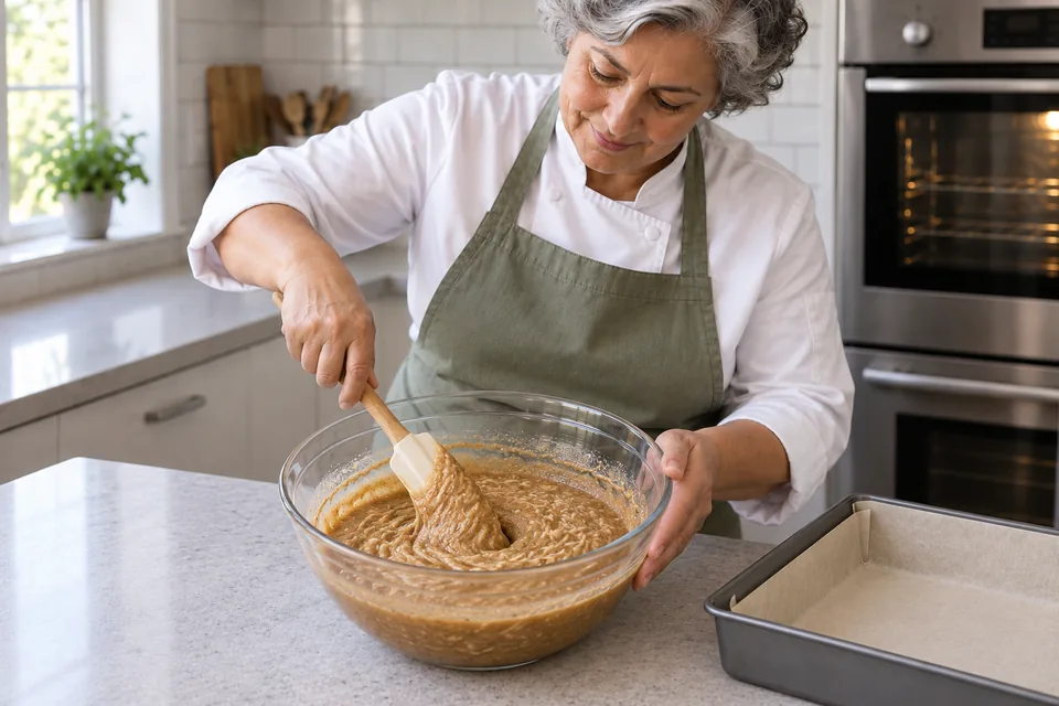 Spatula folding finely grated apple through a smooth caramel-brown cake batter.