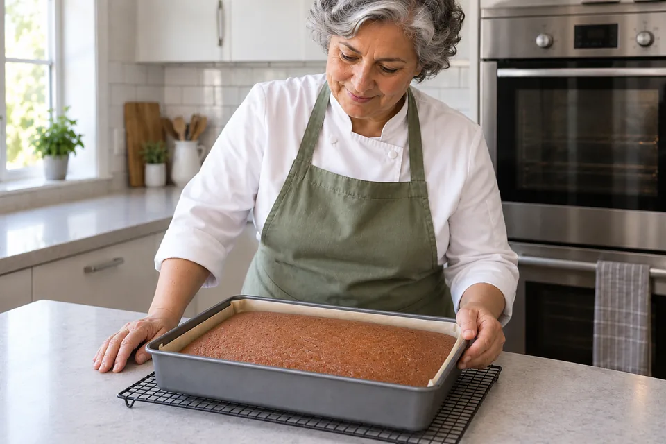 Whole plain spice cake cooling in its parchment-lined tin on a wire rack.