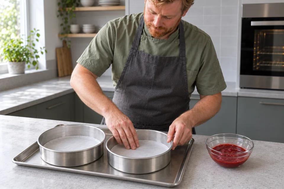The cook smooths a parchment base disk into one of two round tins.