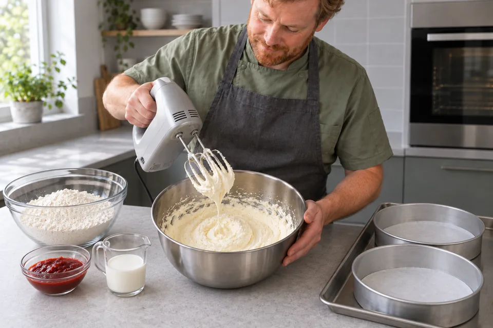 Light creamed mixture clings to the stopped mixer beaters.
