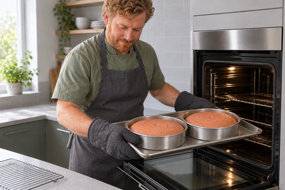 The cook removes two baked strawberry cake layers on a tray.