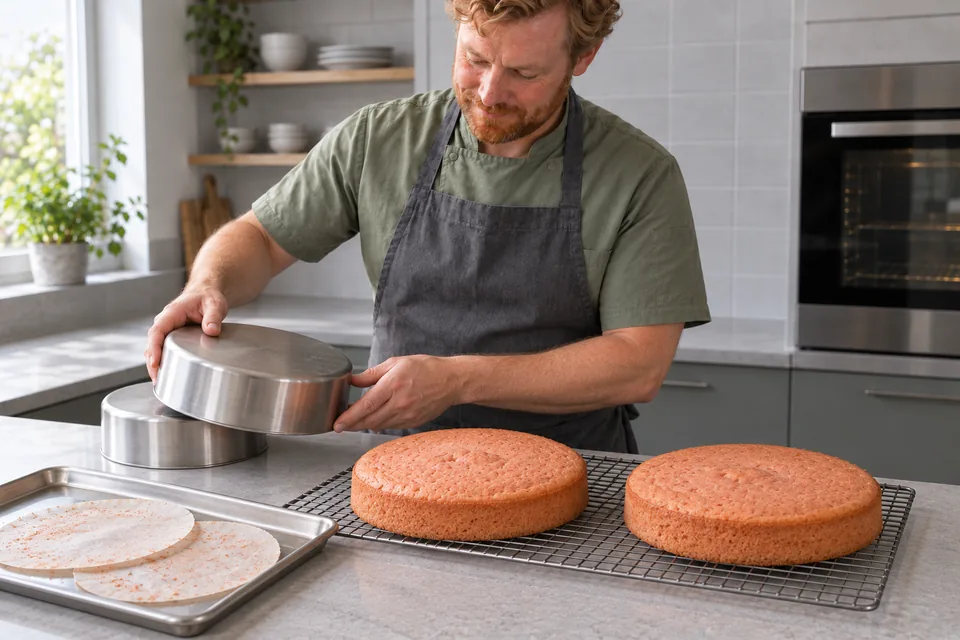 Two plain strawberry cake layers rest on the wire rack.
