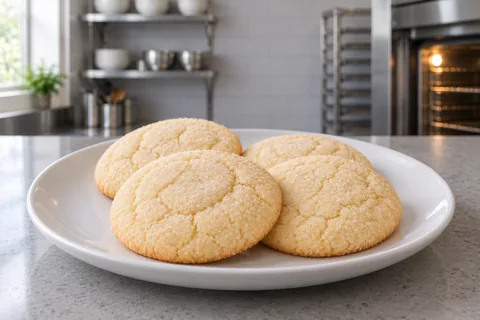 Four pale sugar cookies with delicate cracks and fine sugar crystals on a white plate.