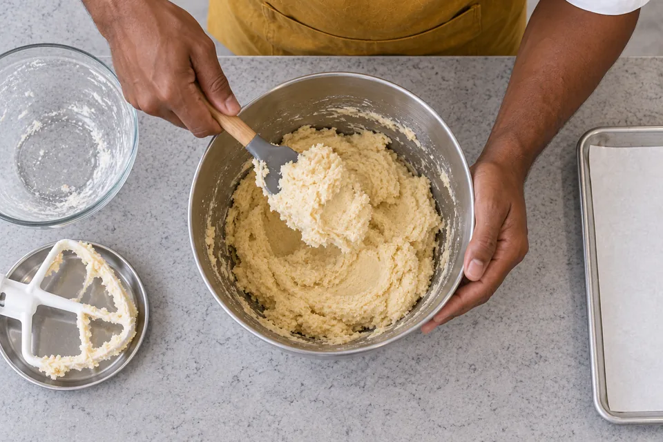 A spatula lifts thick pale sugar-cookie dough.