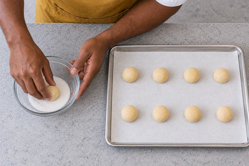 Hands coat a sugar-cookie dough ball beside eight spaced portions.