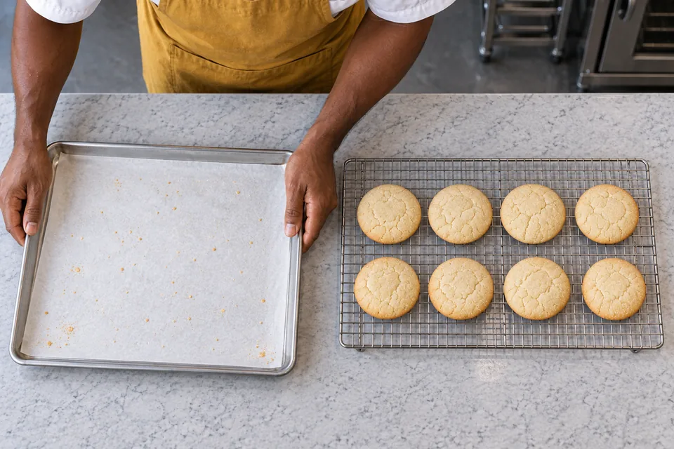 Eight pale sugar cookies rest on a cooling rack beside an empty tray.