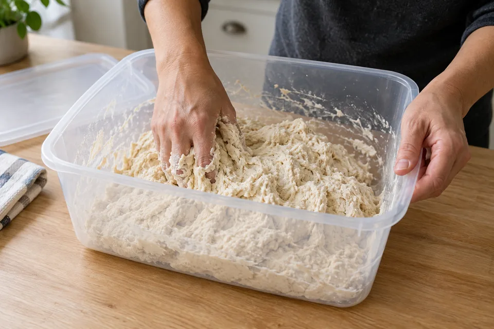 Rough flour-and-water dough being mixed in a clear tub.