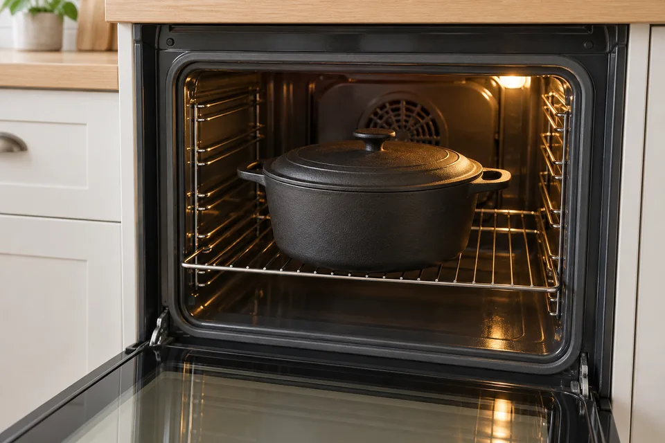 One lidded black cast-iron pot on the middle oven rack.
